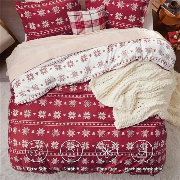 Christmas Duvet Cover King Reversible Snowflake Printed Red White NWT - Picture 2 of 5
